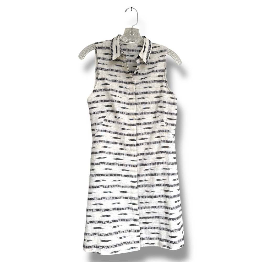 Alice + Olivia Isabelle Tribal Sleeveless Linen Shirt Dress Beige/Black Small - Picture 4 of 12